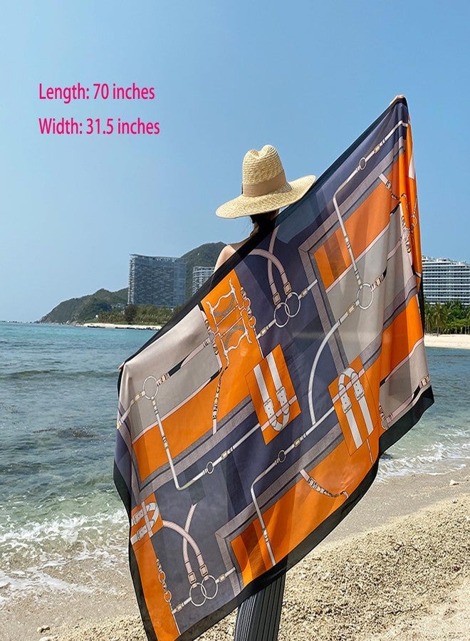 Aufeel Fashion Scarves 100% Satin Silk Scarf Long Lightweight Sunscreen Shawls Wraps for Women Hair Scarves (Orange Blue) - Image 4